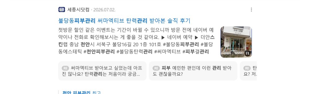 '천안 피부관리' 검색 시 네이버 카페 영역 노출 화면