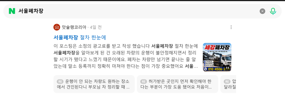 '서울폐차장' 검색 시 네이버 카페 영역 노출 화면 (자동차 / 정비 / 세차)