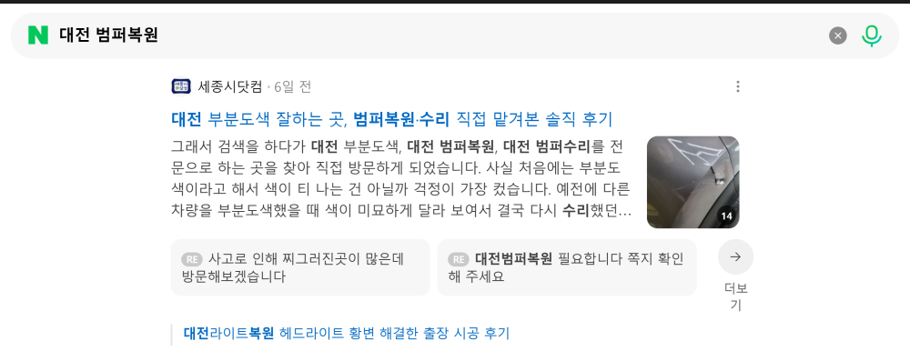 '대전 범퍼복원' 검색 시 네이버 카페 영역 노출 화면
