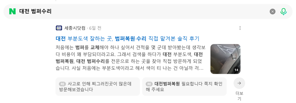 '대전 범퍼수리' 검색 시 네이버 카페 영역 노출 화면