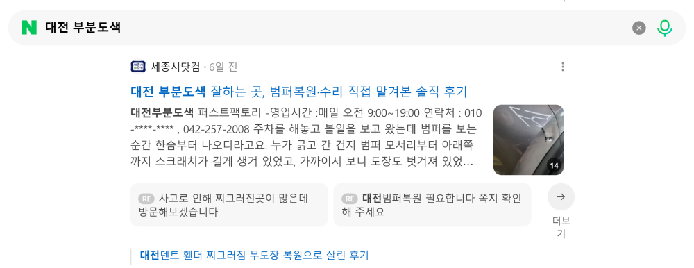 '대전 부분도색' 검색 시 네이버 카페 영역 노출 화면