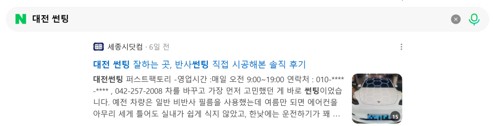 '대전 썬팅' 검색 시 네이버 카페 영역 노출 화면