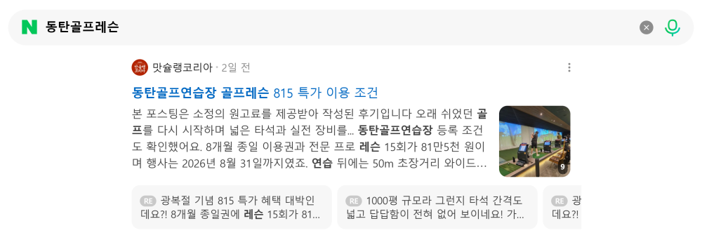 '동탄골프레슨' 검색 시 네이버 카페 영역 노출 화면