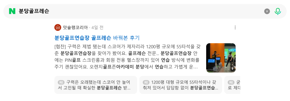 '분당골프레슨' 검색 시 네이버 카페 영역 노출 화면