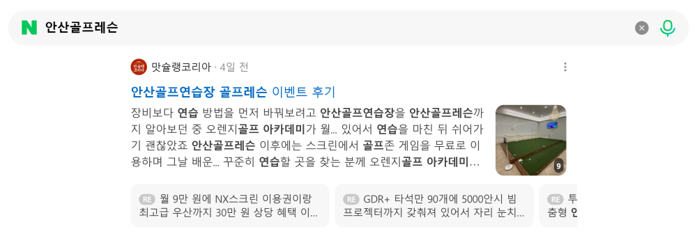 '안산골프레슨' 검색 시 네이버 카페 영역 노출 화면