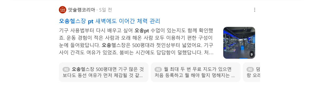 '오송 PT' 검색 시 네이버 카페 영역 노출 화면