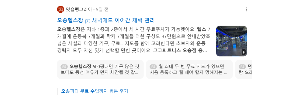 '오송 헬스장' 검색 시 네이버 카페 영역 노출 화면