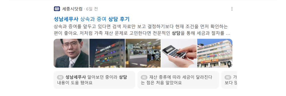 '성남세무사 상담 후기' 검색 시 네이버 카페 영역 노출 화면