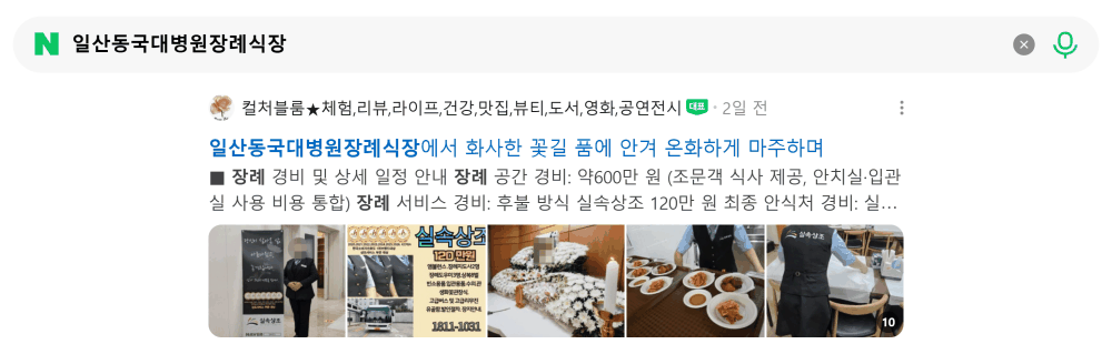'일산동국대병원장례식장' 검색 시 네이버 카페 영역 노출 화면