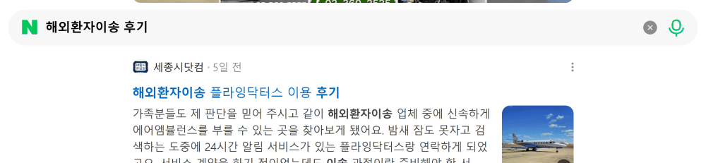 '해외환자이송 후기' 검색 시 네이버 카페 영역 노출 화면