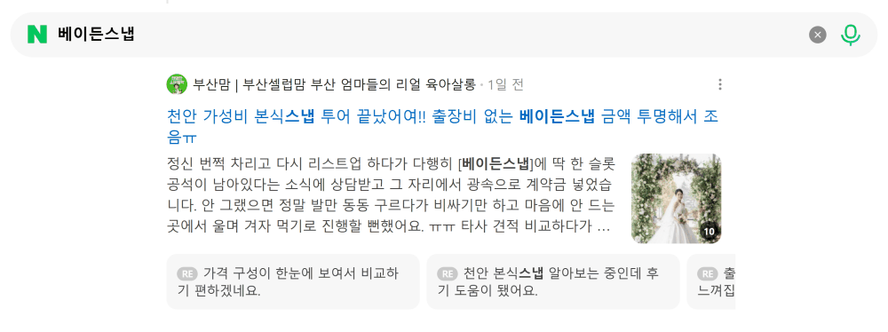 '베이든스냅' 검색 시 네이버 카페 영역 노출 화면