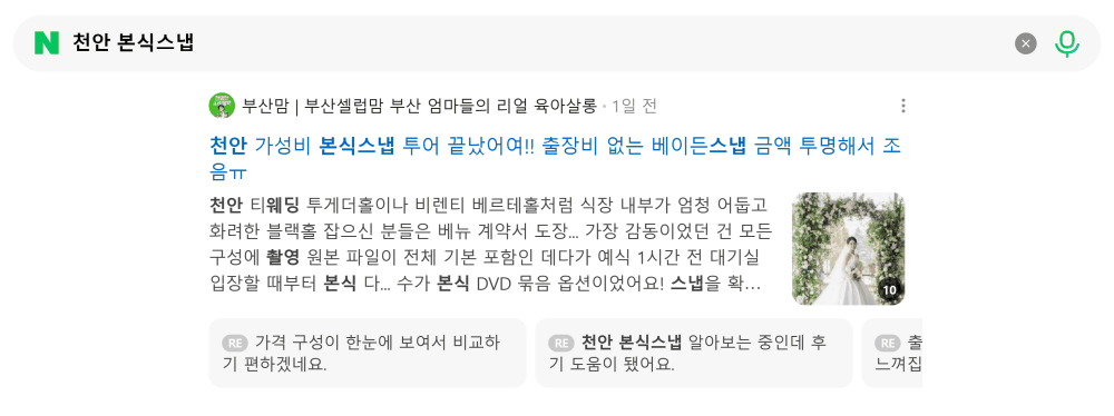 '천안 본식스냅' 검색 시 네이버 카페 영역 노출 화면