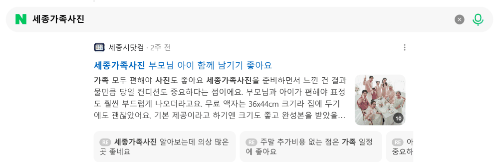 '세종가족사진' 검색 시 네이버 카페 영역 노출 화면