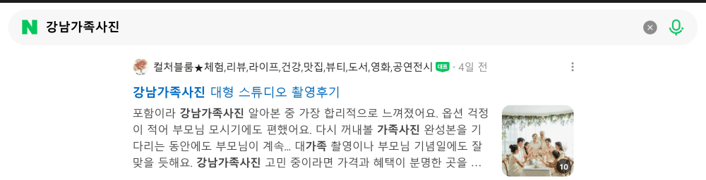 '강남가족사진' 검색 시 네이버 카페 영역 노출 화면