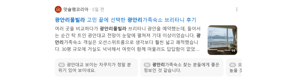 '광안리 풀빌라' 검색 시 네이버 카페 영역 노출 화면