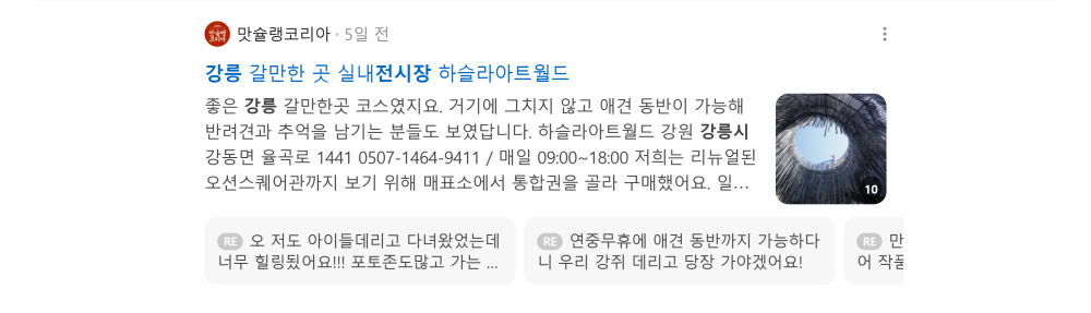 '강릉 전시장' 검색 시 네이버 카페 영역 노출 화면