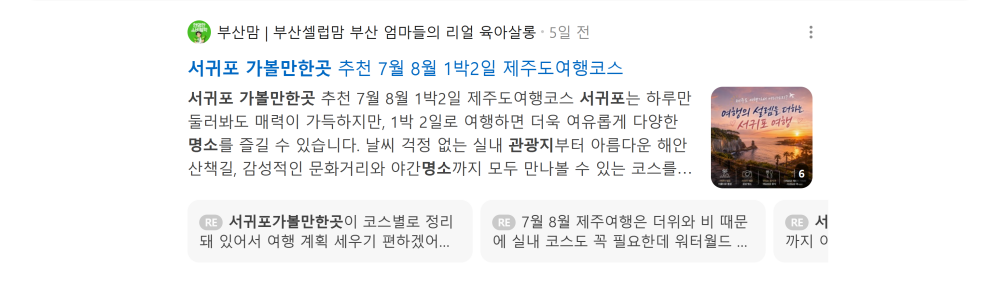 '서귀포 가볼만한곳' 검색 시 네이버 카페 영역 노출 화면