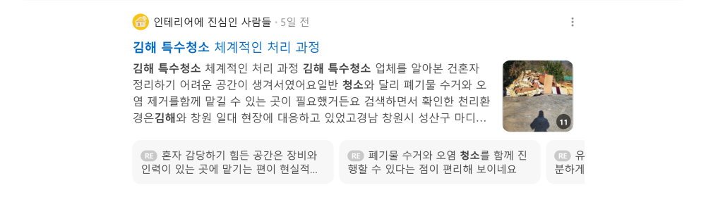 '김해 특수청소' 검색 시 네이버 카페 영역 노출 화면